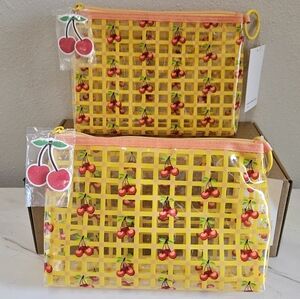 NEW Cherry Plaid Yellow Clear Checkered Zip Pouch Bag Set 🍒 NWT